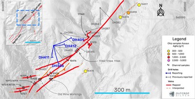 Figure 1.
Plan view of the Jimenez vein target showing the drill holes reported in this release (Table 1), drilling and samples previously reported (Table 2). (CNW Group/Outcrop Silver & Gold Corporation)