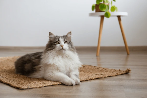 a pet cat sitting on a mat
