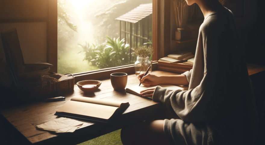 A woman sitting at a wooden desk by a large window, writing in a notebook with a view of a sunlit garden. The desk holds a cup of coffee, a few books, and a vase with wildflowers, creating a serene and inspiring writing environment.