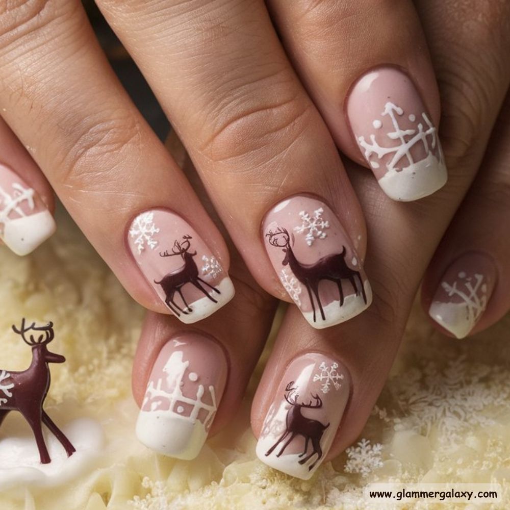 Classy Winter Nails having Reindeer Nail Art with a Twist
