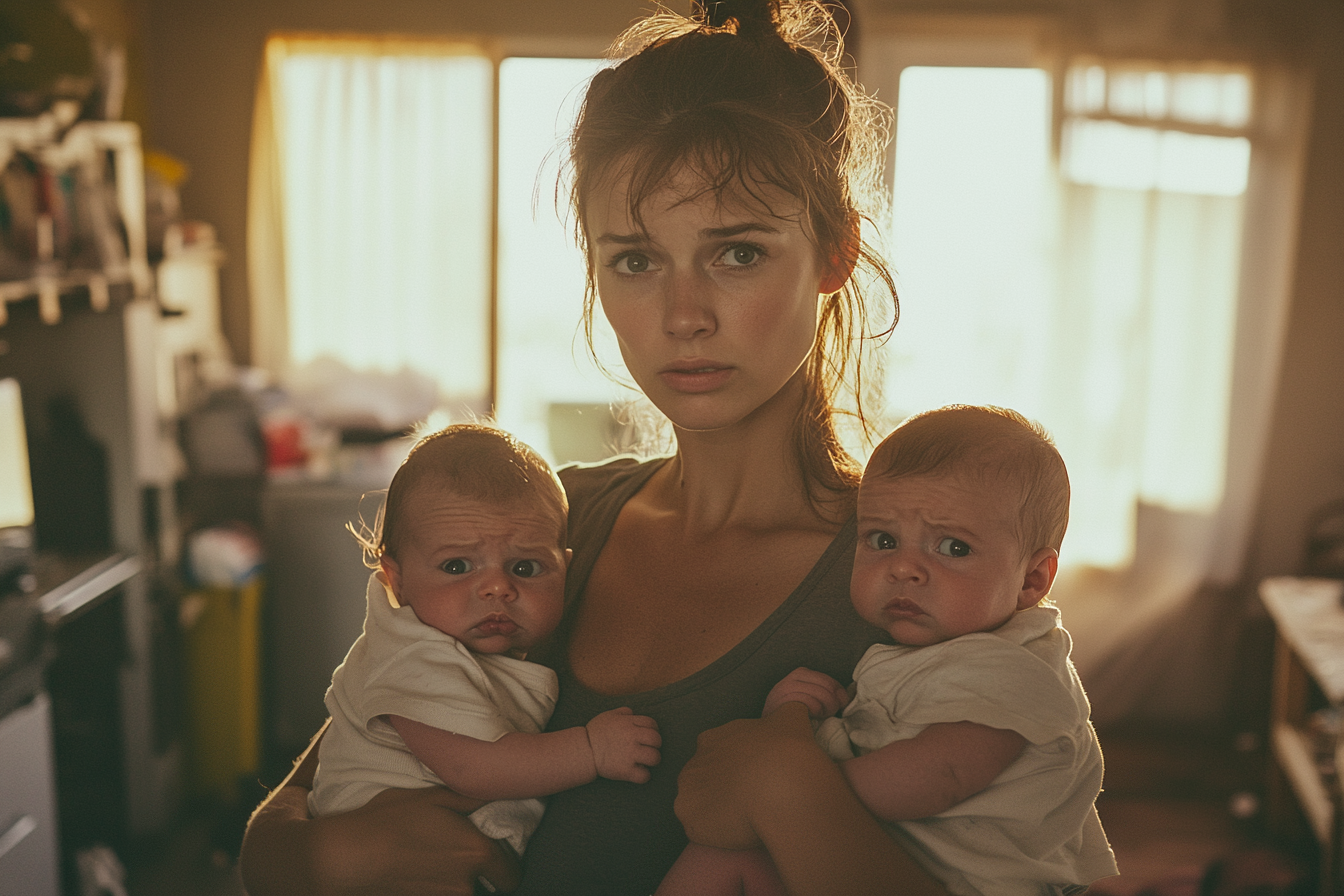 Young woman looking disheveled holding twin babies in a shabby apartment | Source: Midjourney