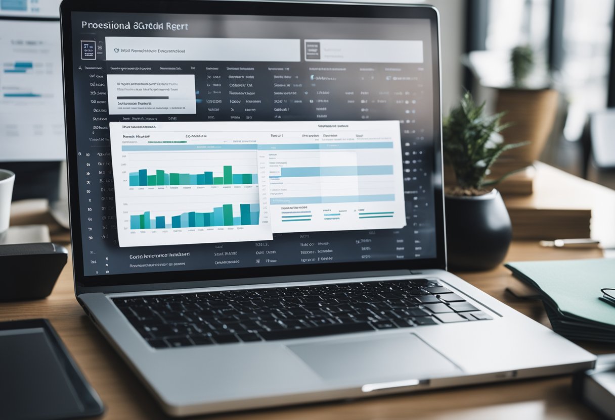 A laptop surrounded by SEO tools and reports, with a checklist of audit criteria on the screen