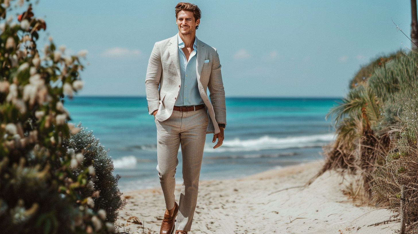 A man in a light beige linen suit with a pale blue shirt, no tie, and brown loafers, outdoors at a sunny beach or garden wedding. Relaxed yet stylish summer wedding outfit.