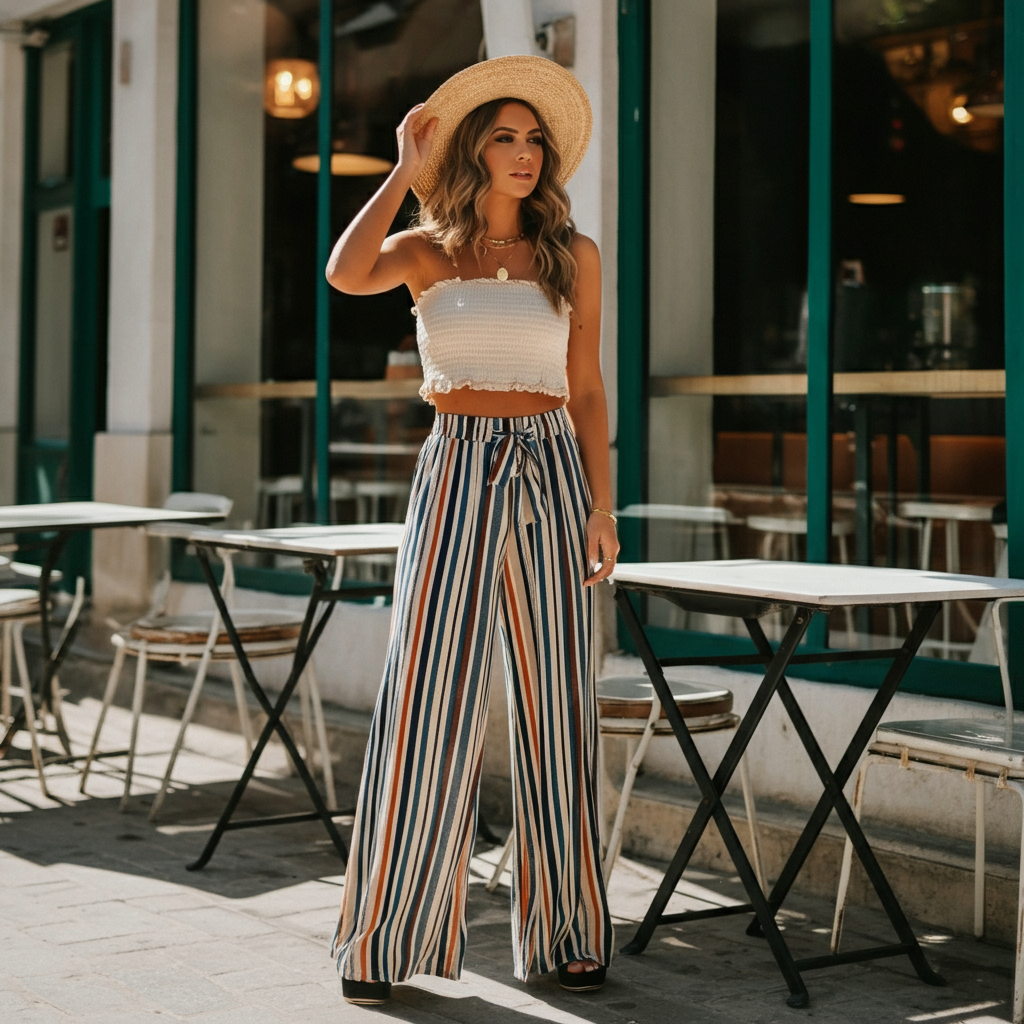 Woman in crop top and wide-leg striped pants