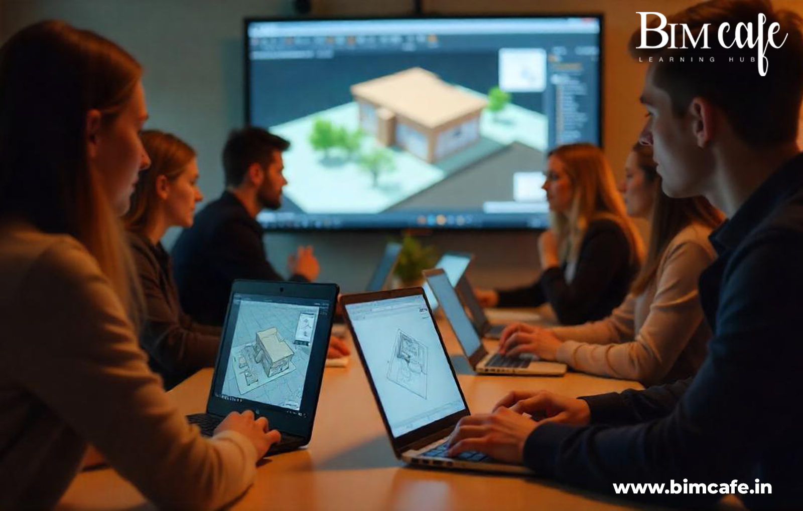 Group of students working on laptops with 3D architectural modeling software, attending a BIM training session. A large screen in the background displays a building model. BIM Cafe Learning Hub logo and website are visible.