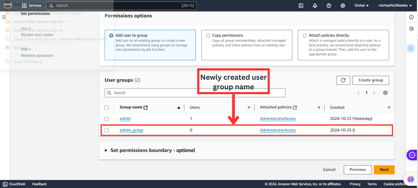 AWS Users Group with newly created user group name