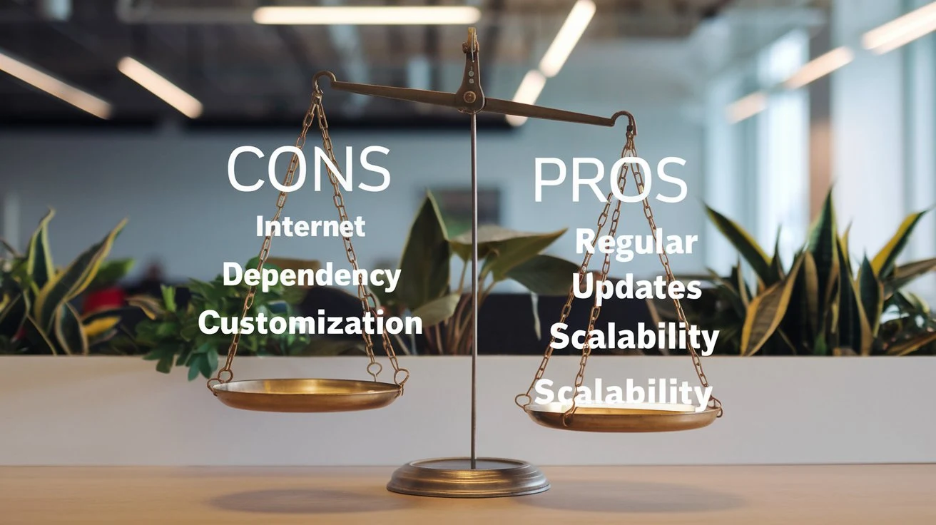 A scale balancing the pros and cons of SaaS. The cons side shows issues like "internet dependency" and "limited customization," while the pros show solutions for overcoming them.