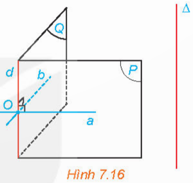 BÀI 23. ĐƯỜNG THẲNG VUÔNG GÓC VỚI MẶT PHẲNG1. ĐƯỜNG THẲNG VUÔNG GÓC VỚI MẶT PHẲNGBài 1: Đối với cánh cửa như trong Hình 7.10, khi đóng – mở cánh cửa, ta coi mép dưới BC của cánh cửa luôn sát sàn nhà (khe hở không đáng kể).a) Từ quan sát trên, hãy giải thích vì sao đường thẳng AB vuông góc với mọi đường thẳng đi qua B trên sàn nhà.b) Giải thích vì sao đường thẳng AB vuông góc với mọi đường thẳng trên sàn nhà.Đáp án chuẩn:a) Vì đường thẳng BC quay quanh điểm B và (AB,BC)=90 nên AB vuông góc với các đường thẳng trên mặt sàn và đi qua B.b) Lấy đường thẳng a bất kì trên mặt sàn. Xét a  là đường thẳng trên mặt sàn, đi qua B và // a. Khi đó (AB,a)=AB,a'=90Bài 2: Nếu đường thẳng Δ và mặt phẳng (P) vuông góc với nhau thì chúng có cắt nhau hay không? Đáp án chuẩn:∆ và (P) cắt nhau.Bài 3: Gấp tấm bìa cứng hình chữ nhật sao cho nếp gấp chia tấm bia thành hai hình chữ nhật, sau đó đặt nó lên mặt bàn như Hình 7.11.a) Bằng cách trên, ta tạo được đường thẳng AB vuông góc với hai đường thẳng nào thuộc mặt bàn?b) Trên mặt bàn, qua điểm A kẻ một đường thẳng a tuỳ ý. Dùng ê ke, hãy kiểm tra trên mô hình xem AB có vuông góc với a hay không.Đáp án chuẩn:a) AB⊥AD, AB⊥AN.b) Đặt ê ke như mô tả trong hình vẽ. Ta thấy một cạnh của ê ke trùng với AB và một cạnh thuộc a nên AB vuông góc với a.Bài 4: Nếu một đường thẳng vuông góc với hai cạnh của một tam giác thì đường thẳng đó có vuông góc với các cạnh còn lại hay không? Đáp án chuẩn:Đường thẳng vuông góc với cạnh thứ ba.Bài 5: Cho hình chóp S.ABCD có đáy ABCD là hình bình hành tâm O, SA = SC và SB = SD (H.7.14). Chứng minh rằng SO vuông (ABCD)O là trung điểm của AC, BD⇒SO⊥AC, SO⊥BD ⇒SO⊥ABCDBài 6: Khi làm cột treo quần áo, ta có thể tạo hai thanh đế thẳng đặt dưới sàn nhà và dựng cột treo vuông góc với hai thanh đế đó (H.7.15). Hãy giải thích vì sao bằng cách đó ta có được cột treo vuông góc với sàn nhà. Đáp án chuẩn:Vì cột treo vuông góc với hai thanh đế (cắt nhau) nên cột vuông góc với sàn nhà2. TÍNH CHẤTBài 1: Cho điểm O và đường thẳng Δ không đi qua O. Gọi d là đường thẳng đi qua O và song song với Δ. Xét hai mặt phẳng phân biệt tuỳ ý (P) và (Q) cùng chứa d. Trong các mặt phẳng (P), (Q) tương ứng kẻ các đường thẳng a, b cùng đi qua O và vuông góc với d (H.7.16). Giải thích vì sao mp(a, b) đi qua O và vuông góc với ΔĐáp án chuẩn:Ta có: P=d,a;Q=(d,b). Do (P) và (Q) phân biệt => a và b phân biệt ⇒Δ⊥a; Δ⊥bMà a∩b={O}⇒mp(a,b) đi qua O và vuông góc với .Bài 2: Cho mặt phẳng (P) và điểm O. Trong mặt phẳng (P), lấy hai đường thẳng cắt nhau a, b tuỳ ý. Gọi (α), (β) là các mặt phẳng qua O và tương ứng vuông góc với a, b (H.7.19).a) Giải thích vì sao hai mặt phẳng (α), (β) cắt nhau theo một đường thẳng đi qua Q.b) Nêu nhận xét về mối quan hệ giữa Δ và (P)Đáp án chuẩn:a) Có ),(β) không trùng nhau mà  (α),(β) có điểm chung O nên  (α),(β) cắt nhau theo một đường thẳng đi qua O.b) a⊥Δ; b⊥ΔMà a∩b=I⇒Δ⊥(P)Bài 3: Cho ba điểm phân biệt A, B, C sao cho các đường thẳng AB và AC cùng vuông góc với một mặt phẳng (P). Chứng minh rằng ba điểm A, B, C thẳng hàng. Đáp án chuẩn:Ta có: AB⊥P;AC⊥PMặt khác, qua điểm A có duy nhất đường thẳng  (P)⇒A, B, C thẳng hàng3. LIÊN HỆ GIỮA QUAN HỆ SONG SONG VÀ QUAN HỆ VUÔNG GÓC CỦA ĐƯỜNG THẲNG VÀ MẶT PHẲNGBài 1: Cho đường thẳng a vuông góc với mặt phẳng (P) và song song với đường thẳng b. Lấy một đường thẳng m bất kì thuộc mặt phẳng (P). Tính (b, m) và từ đó rút ra mối quan hệ giữa b và (P).Đáp án chuẩn:b⊥P.Bài 2: Cho hai đường thẳng phân biệt a và b cùng vuông góc với mặt phẳng (P). Xét O là một điểm thuộc a nhưng không thuộc b. Gọi c là đường thẳng qua O và song song với b.a) Hỏi c có vuông góc với (P) hay không? Nhận xét về vị trí tương đối giữa a và c.b) Nêu nhận xét về vị trí tương đối giữa hai đường thẳng a và b.Đáp án chuẩn:a) a trùng cb) a//bBài 3: Cho hai mặt phẳng (P) và (Q) song song với nhau và đường thẳng  vuông góc với (P). Gọi b là một đường thẳng bất kì thuộc (Q). Lấy một đường thẳng a thuộc (P) sao cho a song song với b (H.7.23). So sánh (Δ, b) và (Δ, a). Từ đó rút ra mối quan hệ giữa Δ và (Q).Đáp án chuẩn:∆ ⊥(Q)Bài 4: Cho hai mặt phẳng phân biệt (P) và (Q) cùng vuông góc với đường thẳng Δ . Xét O là một điểm thuộc mặt phẳng (P) nhưng không thuộc mặt phẳng (Q). Gọi (R) là mặt phẳng đi qua O và song song với (Q) (H.7.24).a) Hỏi (R) có vuông góc với Δ hay không? Nêu nhận xét về vị trí tương đối giữa (P) và (R).b) Nêu vị trí tương đối giữa (P) và (Q).Đáp án chuẩn:a) (R) trùng (P)b) (P)//(Q)Bài 5: Một chiếc bàn có các chân cùng vuông góc với mặt phẳng chứa mặt bàn và mặt phẳng chứa mặt sàn. Hỏi hai mặt phẳng đó có song song với nhau hay không? Vì sao? Đáp án chuẩn:Hai mặt phẳng đó song song vì hai mặt phẳng đó phân biệt, cùng vuông góc với một đường thẳngBài 6: Cho đường thẳng a song song với mặt phẳng (P) và đường thẳng Δ vuông góc với mặt phẳng (P). Tính (Δ, a).Đáp án chuẩn:∆,a=90oBài 7: Cho đường thẳng a và mặt phẳng (P) cùng vuông góc với một đường thẳng Δ.a) Qua một điểm O thuộc (P), kẻ đường thẳng a song song với a. Nêu vị trí tương đối giữa a' và (P).b) Nêu vị trí tương đối giữa a và (P).Đáp án chuẩn:a) a'Pb) a // (P)Bài 8: Cho hình chóp S.ABCD có đáy ABCD là một hình vuông, SA(ABCD). Kẻ AH vuông góc với SC (H thuộc SC), BM vuông góc với SC (M thuộc SC). Chứng minh rằng SC(MBD) và AH // (MBD)Đáp án chuẩn:+) BD⊥SAC => BD⊥SCBM⊥SC;BD∩BM={B} ⇒SC⊥(MBD)Gọi AC∩BD=OSC⊥MBD;OM⊂MBD⇒SC⊥OMMà AH⊥SC AH//OM,OM⊂(MBD)⇒AH // (MBD)4. BÀI TẬP