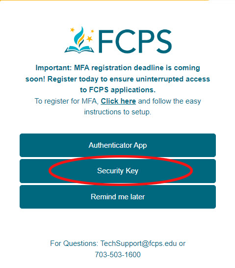 A screenshot of FCPS MFA registration method at https://mytime.fcps.edu/