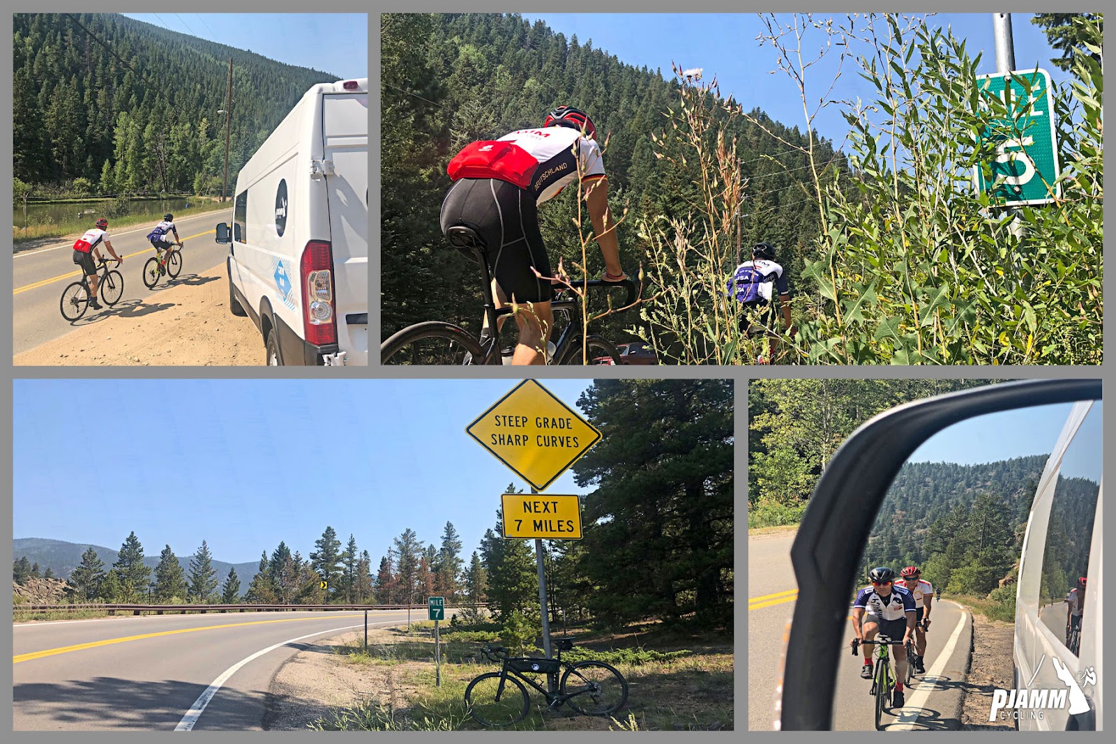 Cycling Mt. Evans, Colorado - photo collage, PJAMM Cycling logo in corner, cyclists riding along road lined with thick evergreen trees, road sign for Steep Grade and Sharp curve next 7 miles, view from rear view mirror of car of two cyclists riding single file along road side