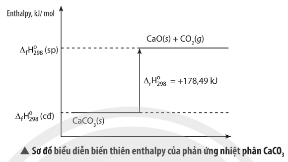 BÀI 13: ENTHALPY TẠO THÀNH VÀ BIẾN THIÊN ENTHALPY CỦA CÁC PHẢN ỨNG HOÁ HỌCMỞ ĐẦUHầu như mọi phản ứng hoá học cũng như quá trình chuyển thể của chất luôn kèm theo sự thay đổi năng lượng.Trong cả 2 ví dụ đều có phản ứng xảy ra với sự thay đổi năng lượng. Theo em, phản ứng có kèm theo sự thay đổi năng lượng dưới dạng nhiệt năng đóng vai trò gì trong đời sống?Đáp án chuẩn:- Đốt cháy than: đun nấu và sưởi ấm.- Thủy phân collagen: hầm xương động vật.1. PHẢN ỨNG TOẢ NHIỆTThảo luận 1: Viết phương trình hóa học của phản ứng xảy ra ở hình 13.1 và nêu nhận xét về sự thay đổi nhiệt của phản ứng đóĐáp án chuẩn:Fe2O3 + Al → Fe + Al2O3Phản ứng xảy ra làm tăng nhiệt độ của phản ứng và môi trời xung quanh.Thảo luận 2: Thực hiện thí nghiệm 1. Nêu hiện tượng xảy ra. Rút ra kết luận về sự thay đổi nhiệt độ chất lỏng trong cốc. Giải thích.Đáp án chuẩn:- CaO tan, tạo hỗn hợp màu trắng. PTHH: CaO + H2O → Ca(OH)2- KL: PƯ có sự tăng về nhiệt độ.Luyện tập: Hãy nêu hiện tượng của các quá trình: đốt cháy than, ethanol trong không khí. Nhiệt độ môi trường xung quanh thay đổi như thế nào?Đáp án chuẩn:- Đốt than: than cháy đỏ, toả nhiệt. Đốt ethanol: ngọn lửa màu xanh, toả nhiệt.- Nhiệt độ tăng.2. PHẢN ỨNG THU NHIỆTThảo luận 3: Khi thả viên vitamin C sủi vào cốc nước như hình 13.3, em hãy dự đoán sự thay đổi nhiệt độ trong cốcĐáp án chuẩn:Nhiệt độ giảmThảo luận 4: Trong phản ứng nung đá vôi (CaCO3), nếu ngừng cung cấp nhiệt, phản ứng có tiếp tục xảy ra không?Đáp án chuẩn:Không.Thảo luận 5: Thực hành thí nghiệm 2. Nêu hiện tượng trước và sau khi đốt nóng hỗn hợp. Nếu ngừng đốt nóng thì phản ứng có xảy ra không?Đáp án chuẩn:- Trước đốt: không có hiện tượng, sau đốt: thu khí O2. - Không.3. BIẾN THIÊN ENTHALPY CHUẨN CỦA PHẢN ỨNGThảo luận 6: Biến thiên enthalpy chuẩn của một phản ứng hóa học được xác định trong điều kiện nào?Đáp án chuẩn:Áp suất 1 bar (khí), nồng độ 1 mol/L (dung dịch) và nhiệt độ 25 oC.Thảo luận 7: Phương trình nhiệt hóa học cho biết thông tin gì về phản ứng hóa học?Đáp án chuẩn:Chất phản ứng, sản phẩm, điều kiện, trạng thái chất.Luyện tập: Cho hai phương trình nhiệt hoá học sau:Trong hai phản ứng trên, phản ứng nào thu nhiệt, phản ứng nào toả nhiệt?Đáp án chuẩn:1: thu nhiệt; 2: toả nhiệt.4. ENTHALPY TẠO THÀNHThảo luận 8: Phân biệt enthalpy tạo thành của một chất và biến thiên enthalpy của phản ứng. Lấy ví dụ minh họa.Đáp án chuẩn:S(s) + O2(g) → SO2(g); ∆fH298o=-296,80 kJ/mol (enthalpy tạo thành)Zn(s) + 2HCl(aq) → ZnCl2(aq) + H2(g); ∆rH298o=-152,6 kJ/mol (biến thiên enthalpy của phản ứng)Thảo luận 9: Cho phản ứng sau:S(s) + O2(g)  t°→  SO2(g)  ∆fH298oSO2,g=-296,80 kJ/mol Cho biết ý nghĩa của giá trị ∆fH298oSO2,gĐáp án chuẩn:Lượng nhiệt kèm theo khi tạo 1 mol SO2 từ đơn chất bền ở điều kiện chuẩn.Thảo luận 10: Hợp chất (SO2, g) bền hơn hay kém hơn về mặt năng lượng so với các đơn chất bền S(s) và O2 (g)Đáp án chuẩn:SO2 bền hơn.Thảo luận 11: Từ bảng 13.1 hãy liệt kê các phản ứng có enthalpy tạo thành dương (lấy nhiệt từ môi trường)Đáp án chuẩn:C2H2(g), HI(g), N2O(g), N2O4(g), NO(g), NO2(g)Luyện tập: Em hãy xác định enthalpy tạo thành theo đơn vị (kcal) của các chất sau:Fe2O3(s), NO(g), H2O(g), C2H5OH(l). Cho biết 1 J= 0.239 cal Đáp án chuẩn:-197,29 kcal/mol; +21,58 kcal/mol; -57,79 kcal/mol; -66,35 kcal/mol.5. Ý NGHĨA CỦA DẤU VÀ GIÁ TRỊ ∆rH298oThảo luận 12: Quan sát Hình 13.5, mô tả sơ đồ biểu diễn biến thiên enthalpy của phản ứng. Nhận xét về giá trị của ∆fH298o(sp) so với ∆fH298o(cđ).Đáp án chuẩn:∆fH298o(sp) < ∆fH298o(cđ) nên PƯ toả nhiệt.Thảo luận 13: Vận dụng để vẽ sơ đồ biểu diễn biến thiên enthalpy của phản ứng nhiệt phân CaCO3 ở Ví dụ 5.Đáp án chuẩn:Thảo luận 14: Cho hai phương trình nhiệt hoá học sau:So sánh nhiệt giữa hai phản ứng (1) và (2). Phản ứng nào xảy ra thuận lợi hơn?Đáp án chuẩn:PƯ 2.Vận dụng: Hãy làm cho nhà em sạch bong với hỗn hợp baking soda (NaHCO3) và giấm (CH3COOH). Hỗn hợp này tạo ra một lượng lớn bọt. Phương trình nhiệt hoá học của phản ứng:NaHCO3(s) + CH3COOH(aq) → CH3COONa(aq) + CO2(g) + H2O(l) ∆rH298o=94,30 kJPhản ứng trên là toả nhiệt hay thu nhiệt? Vì sao? Tìm những ứng dụng khác của phản ứng trên.Đáp án chuẩn:Toả nhiệt vì ∆rH298o>0.ƯD: tẩy trắng quần áo, thông bồn cầu, khử mùi… BÀI TẬP