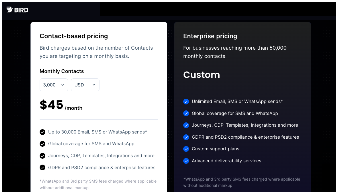 Bird's (Messagebird) pricing