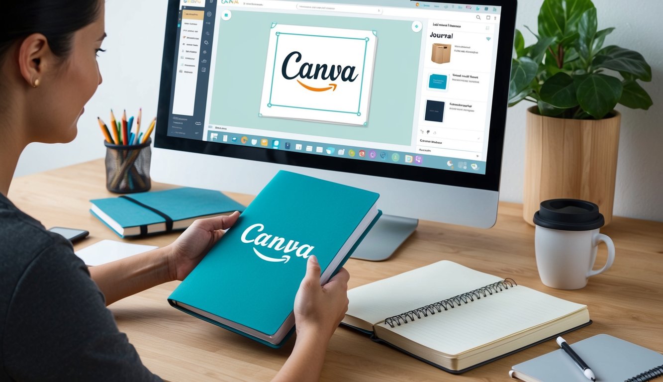 A person using Canva to design a journal cover, with a computer, notebook, and Amazon website open for reference