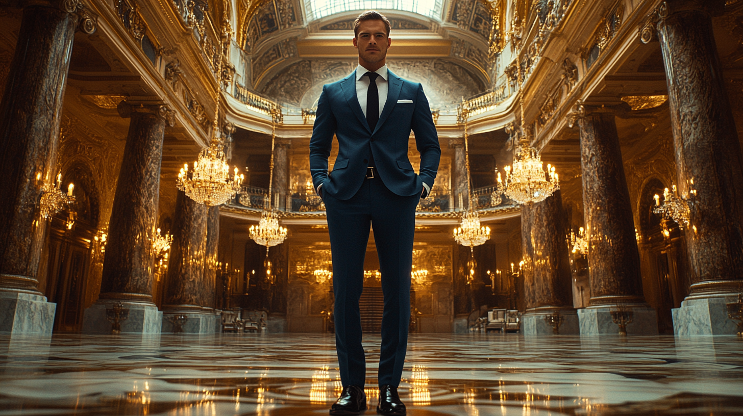 A man dressed in an elegant blue suit and shiny black shoes, standing confidently in a grand ballroom. The look is completed with a sleek tie and subtle cufflinks, with chandeliers and luxurious decor highlighting the formal ambiance.