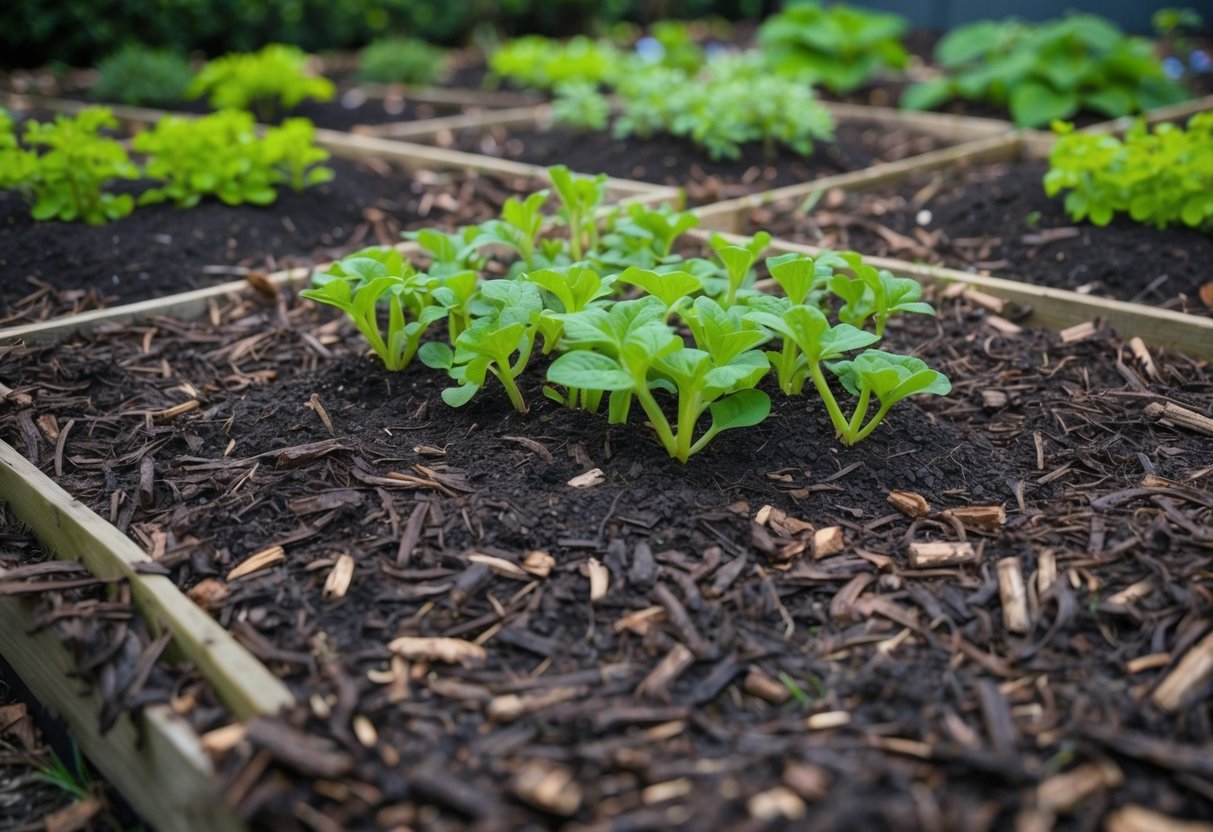 A garden bed covered in a thick layer of mulch, with small plants peeking through. The soil is dark and rich, and the mulch helps protect the garden from the cold of February