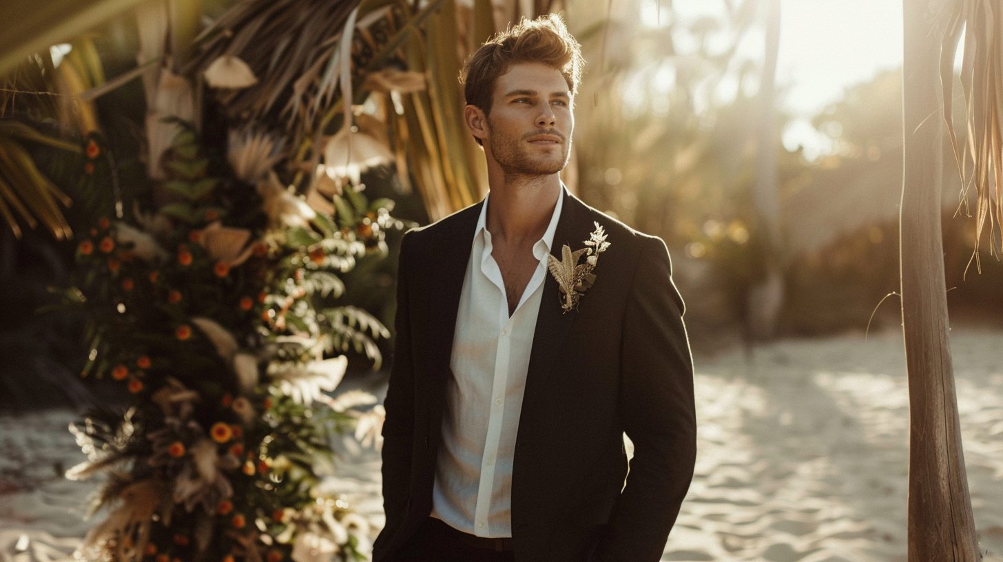 Man in a lightweight black linen or cotton suit, relaxed styling with open collar or light shirt, standing in a sunny beach or outdoor garden wedding setting.