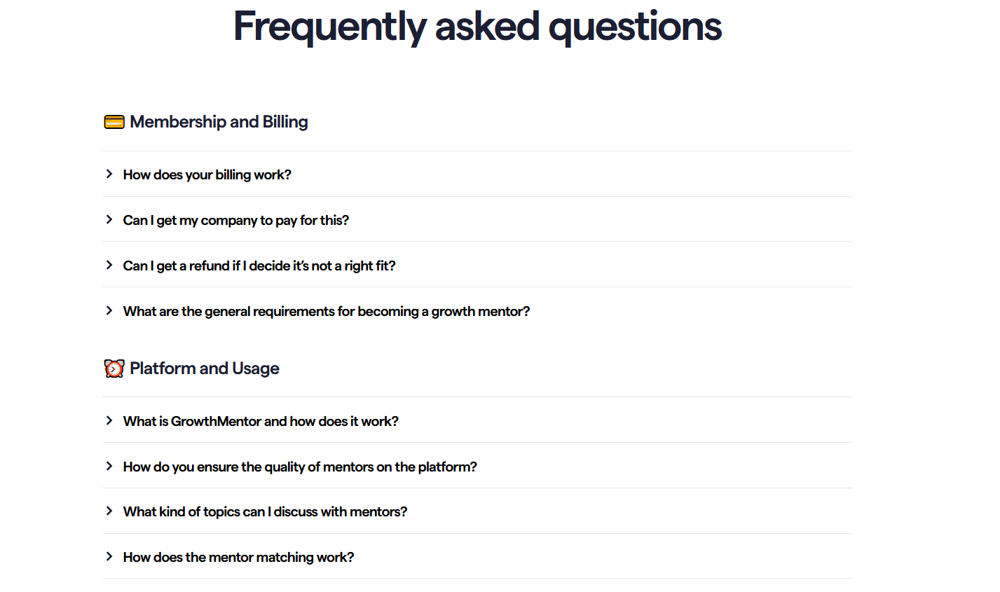 FAQ example from Growthmentor on its homepage