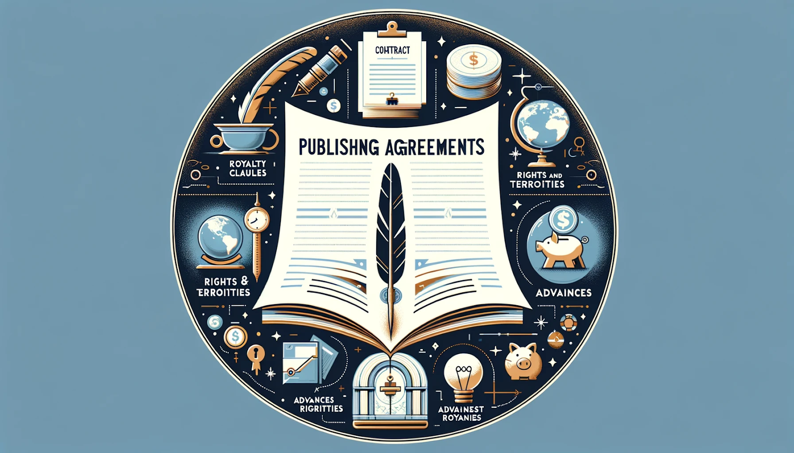 Illustration of a publishing agreement with financial and legal elements.