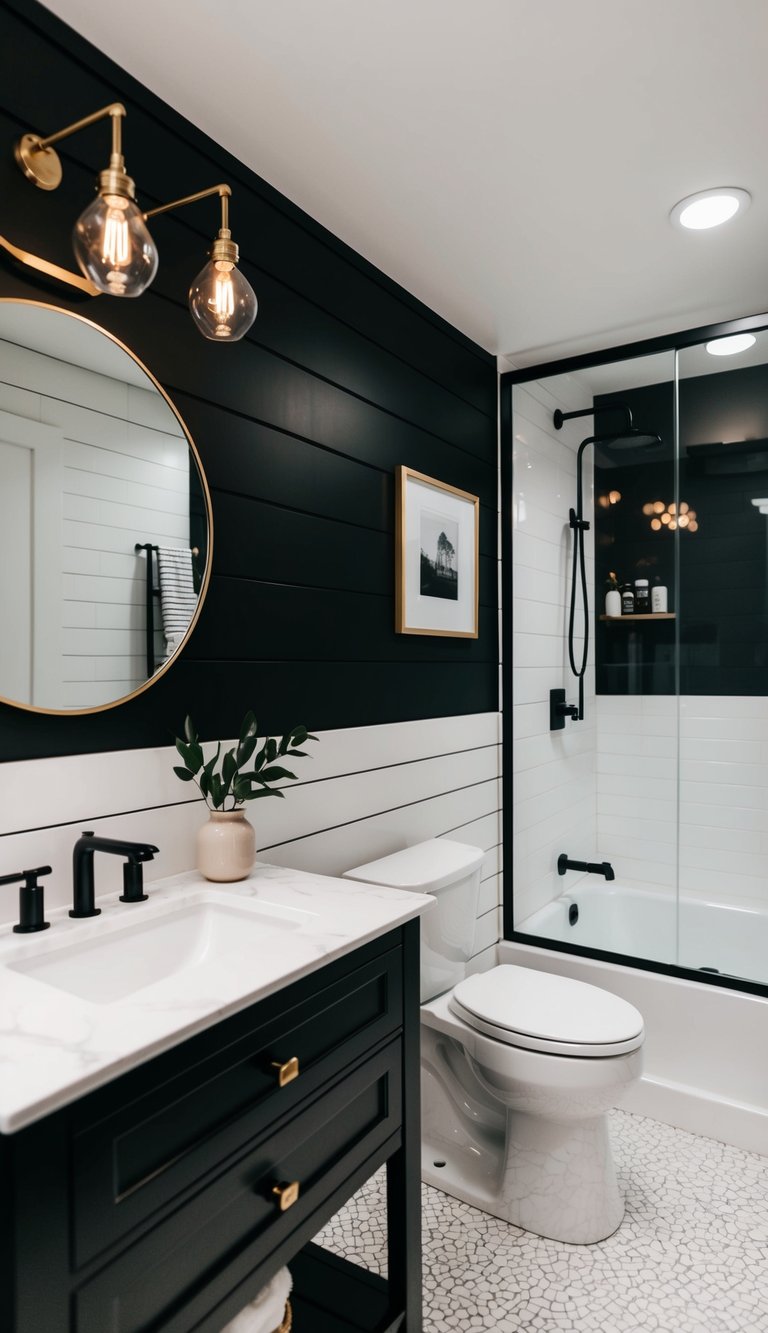 A bathroom with black shiplap walls, featuring modern fixtures and minimalist decor