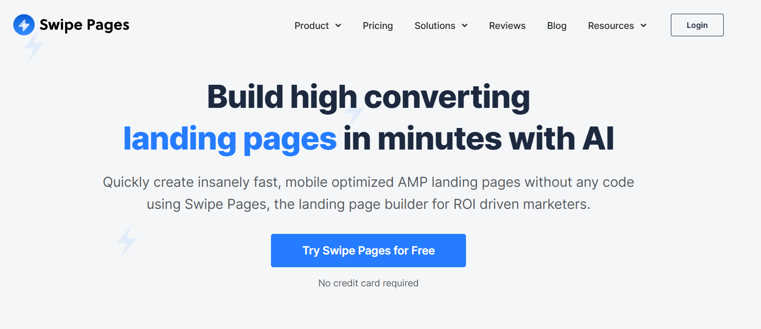 Image showing the Swipe Pages home page to build high-converting landing pages with AI