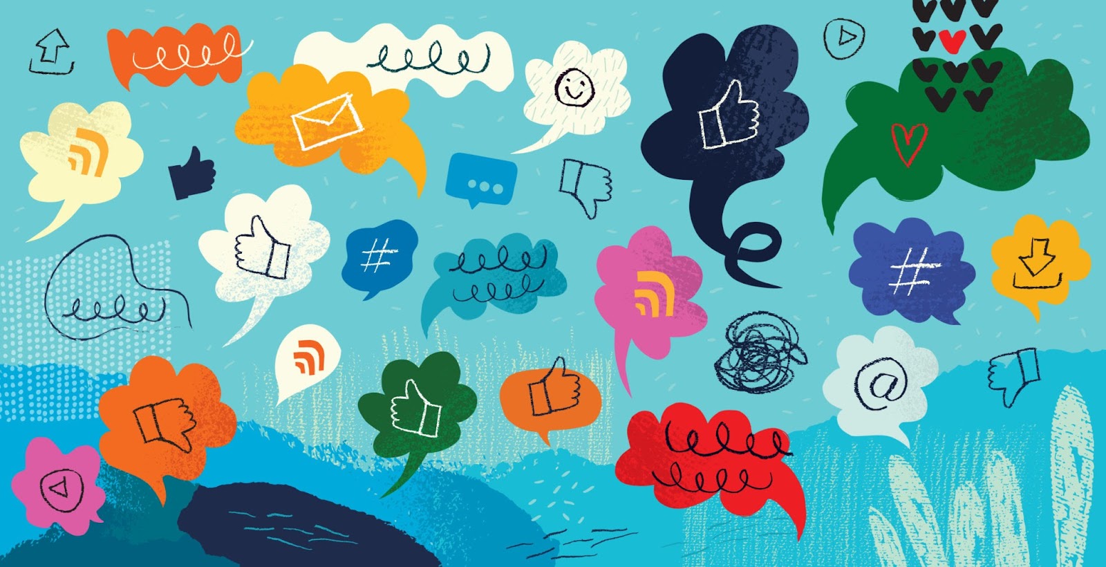 A bunch of colorful speech bubbles with hand drawn icons around and inside them.