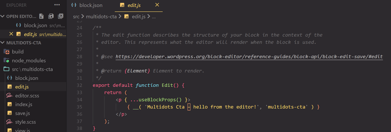 A screenshot of the edit.js file in VS Code.
