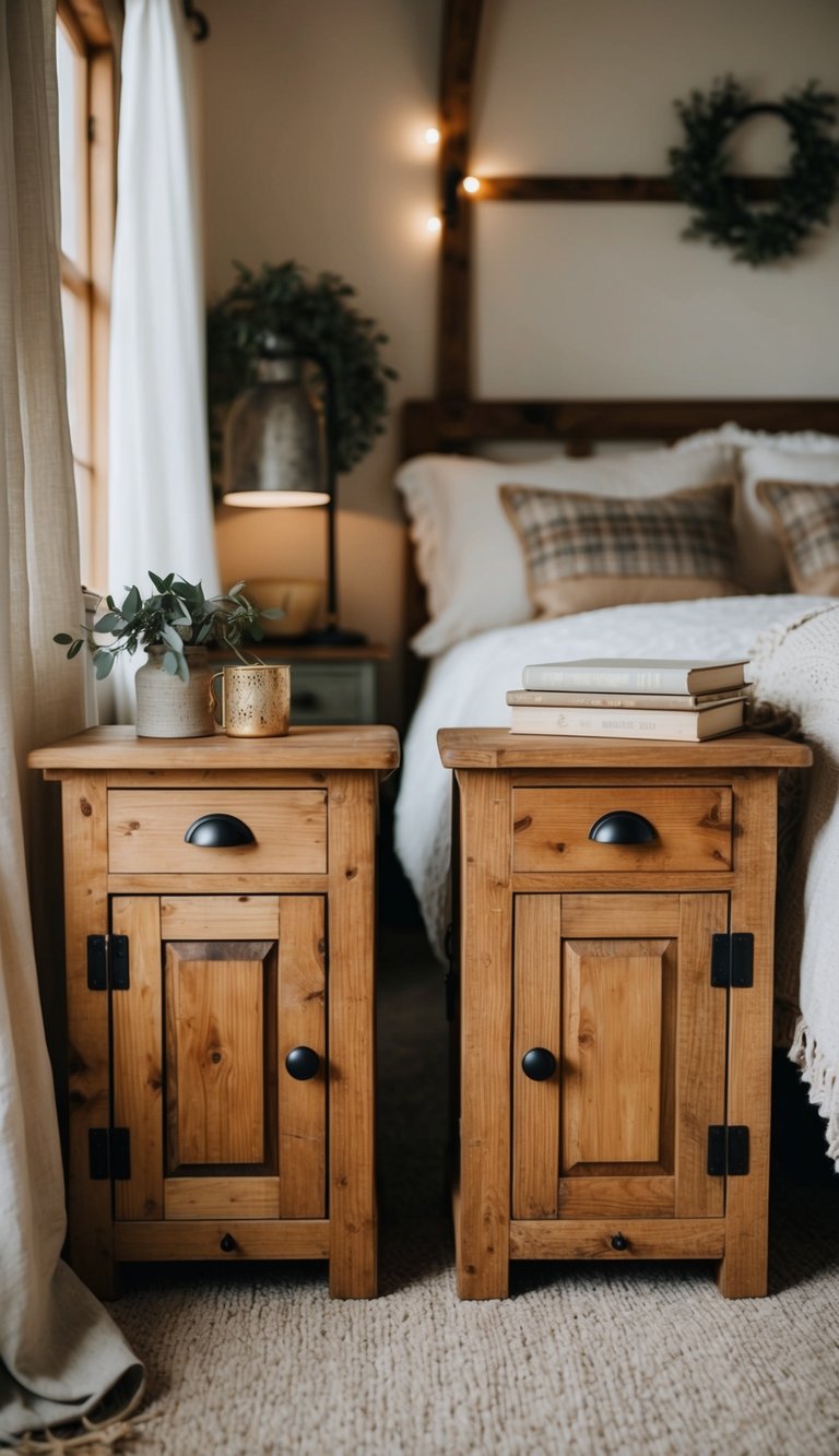 Two rustic wooden nightstands in a vintage farmhouse bedroom, surrounded by cozy decor and soft lighting