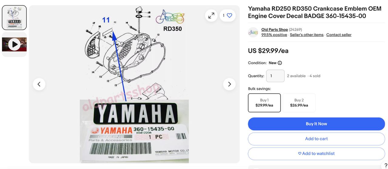 3. Yamaha RD250 RD350 Crankcase Emblem OEM Engine Cover Decal BADGE 360-15435-00