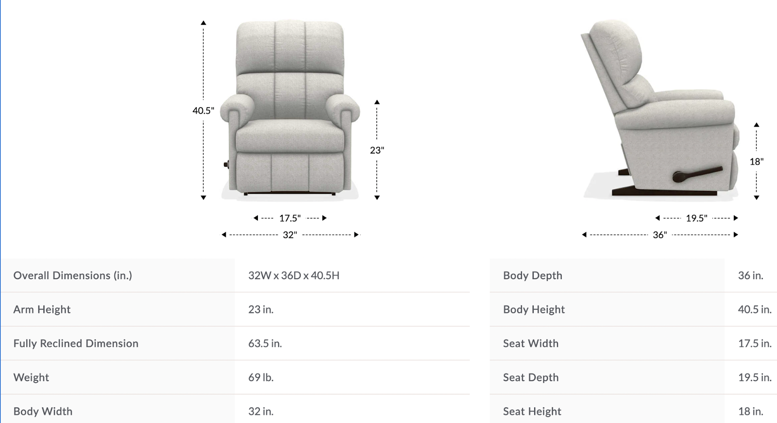 vail wall recliner dimensions