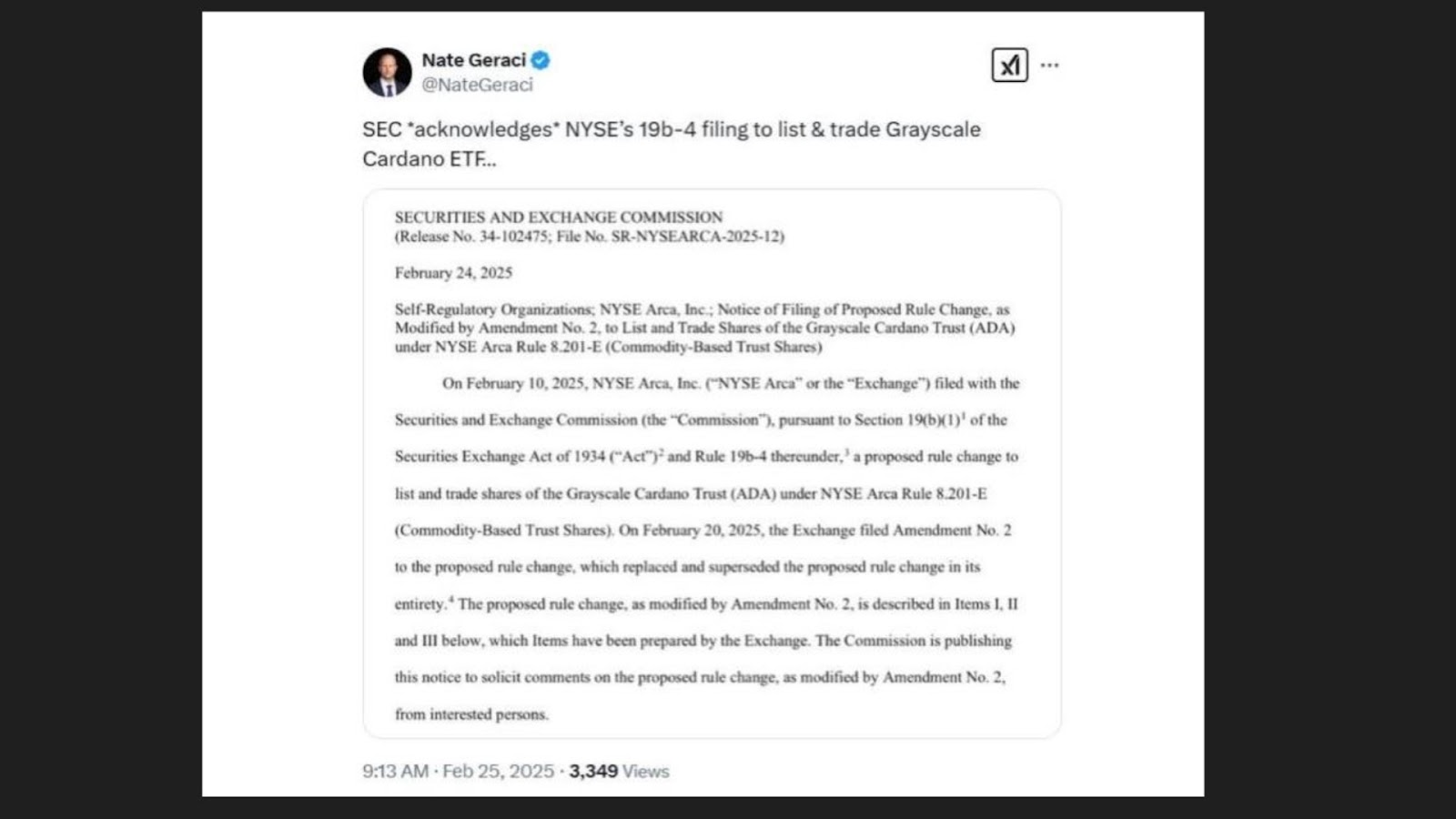 X post of Nate Geraci about SEC's acknowledgement of Grayscale's spot Cardano ETF application