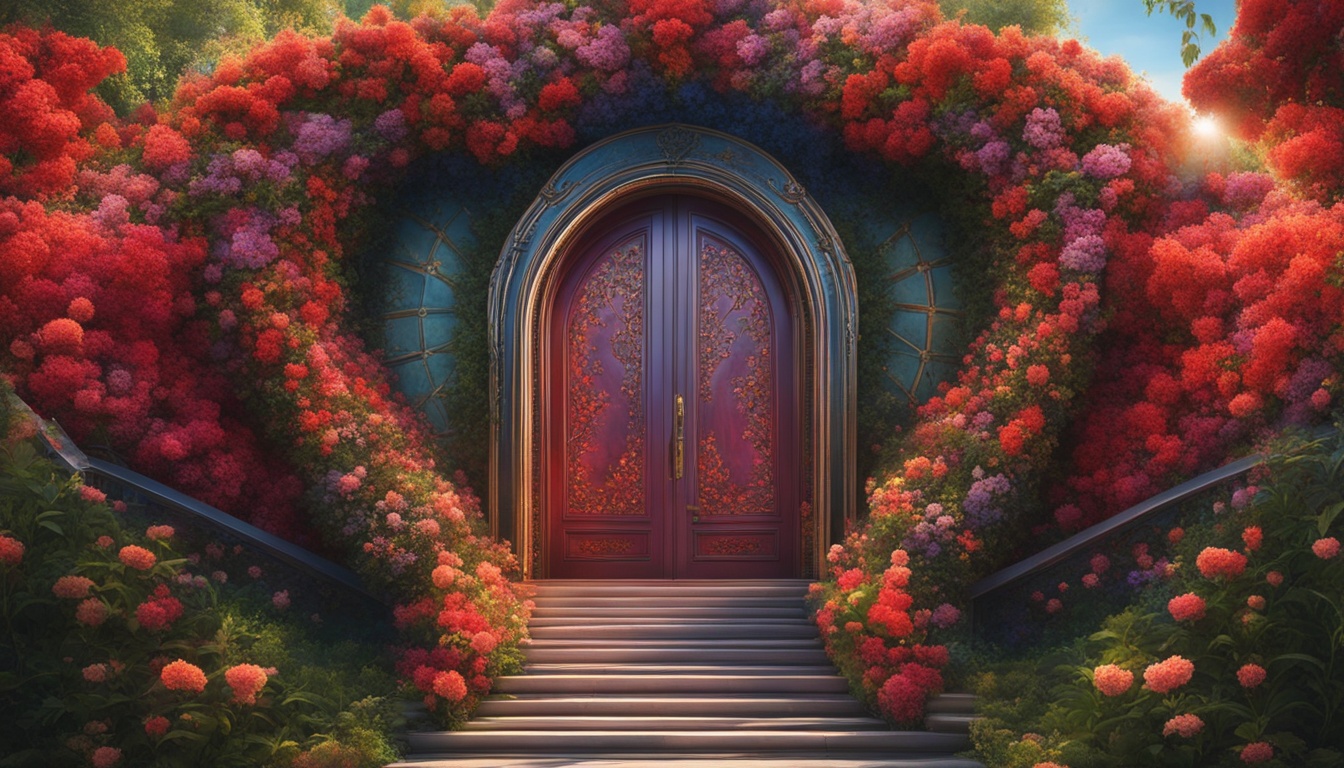 A staircase made of flowers leading up to a heart-shaped door, with each step representing a different step towards manifesting love. The first step is visualizing the person you want to fall in love with, the second step is sending positive energy towards them, the third step is letting go of any negative thoughts or doubts, and so on. Each step is represented by a different flower, with vibrant colors and intricate details. At the top of the staircase, the heart-shaped door represents the moment when love has been manifested and the two individuals can finally be together.