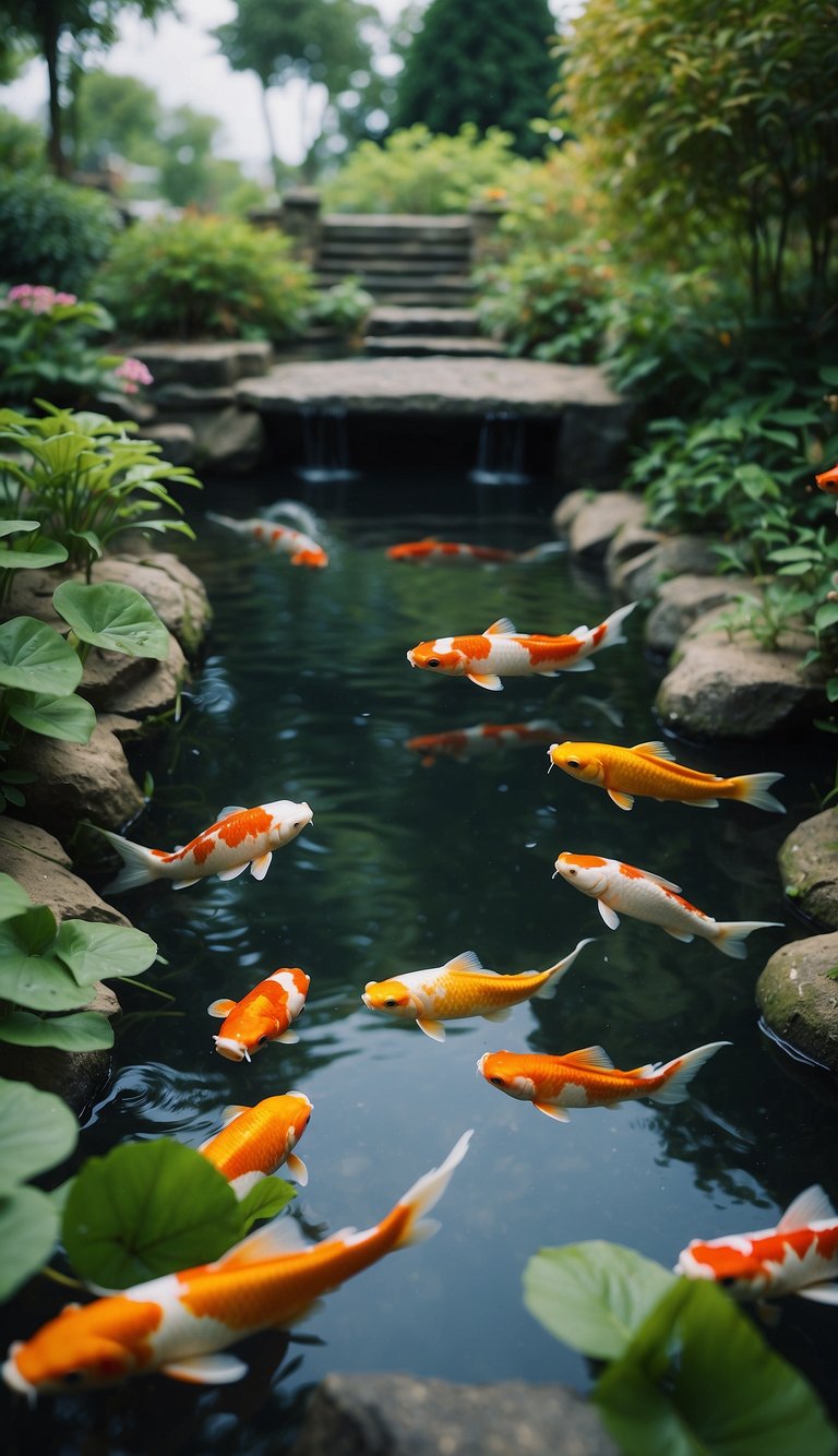 A koi pond with a water test kit nearby, surrounded by lush greenery and colorful koi fish swimming gracefully