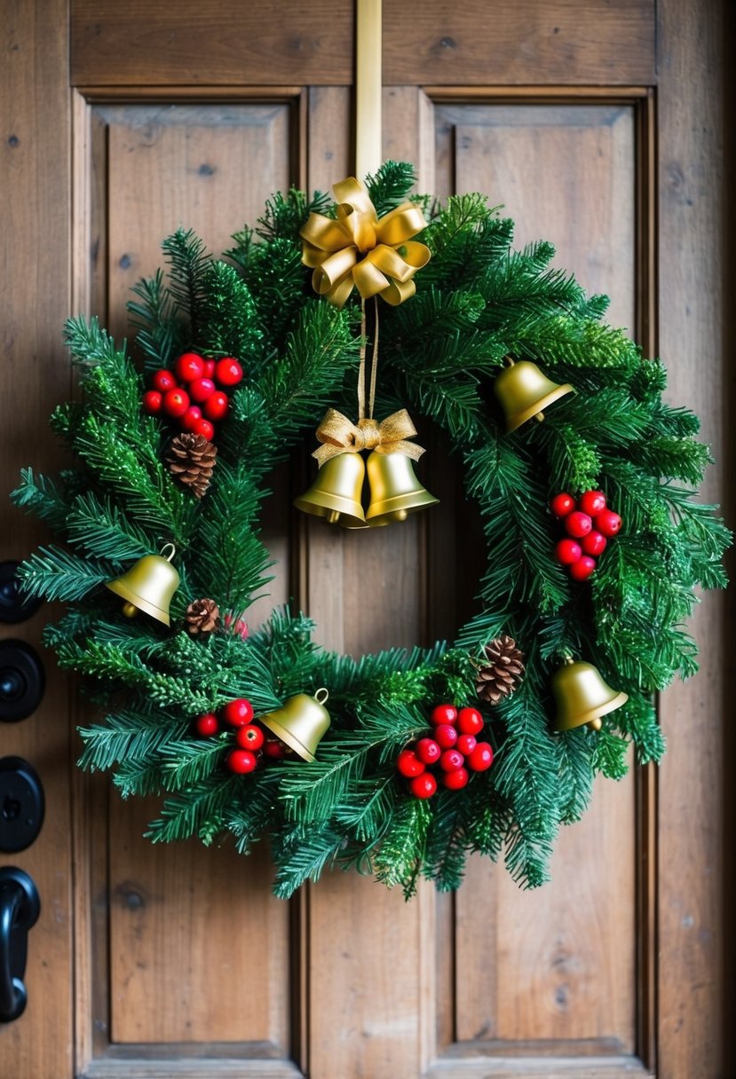 A lush green wreath adorned with golden bells and red berries hangs on a rustic wooden door