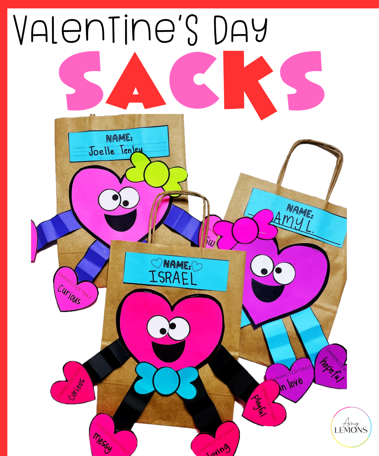 Valentine's day reading comprehension activity featuring a brown sack with a heart face on front for students to collect Valentine cards.