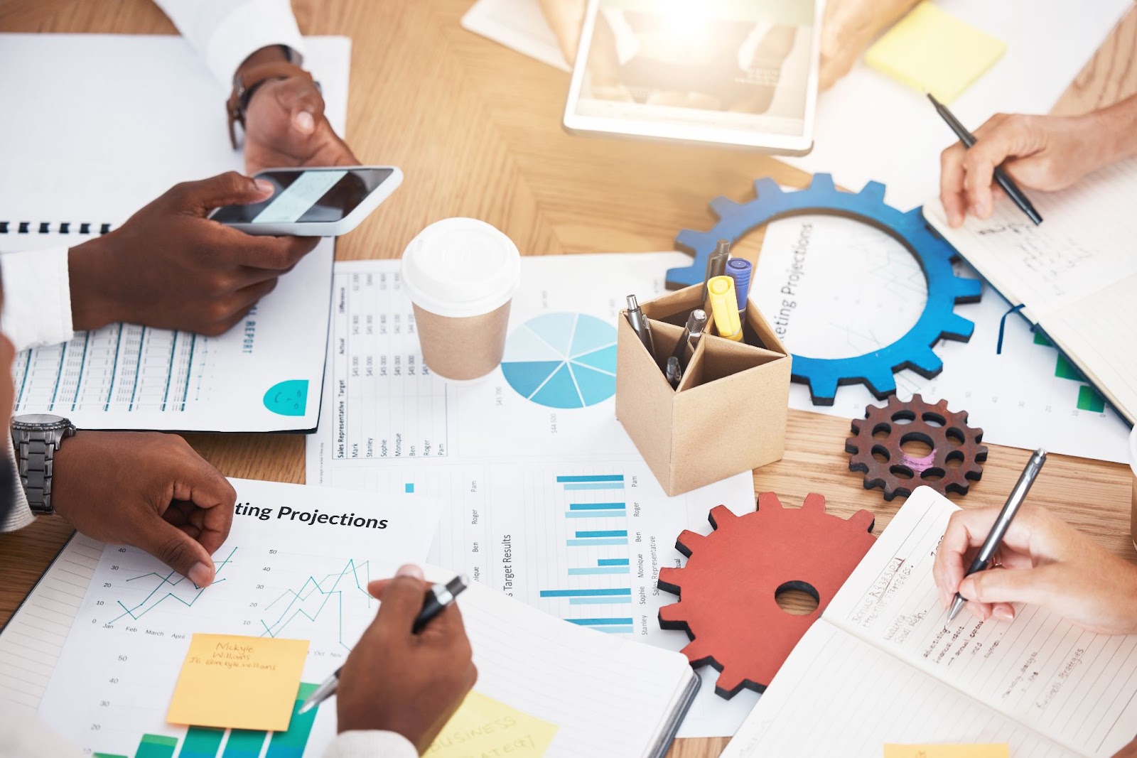 An image showing timelines, budget, and team planning charts