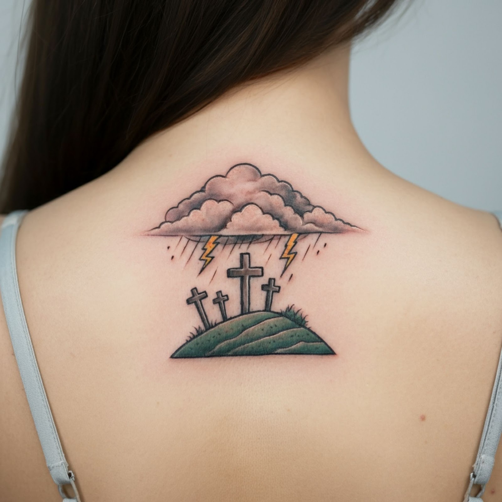 Three Crosses on a Hill with Clouds and Lightning Tattoo