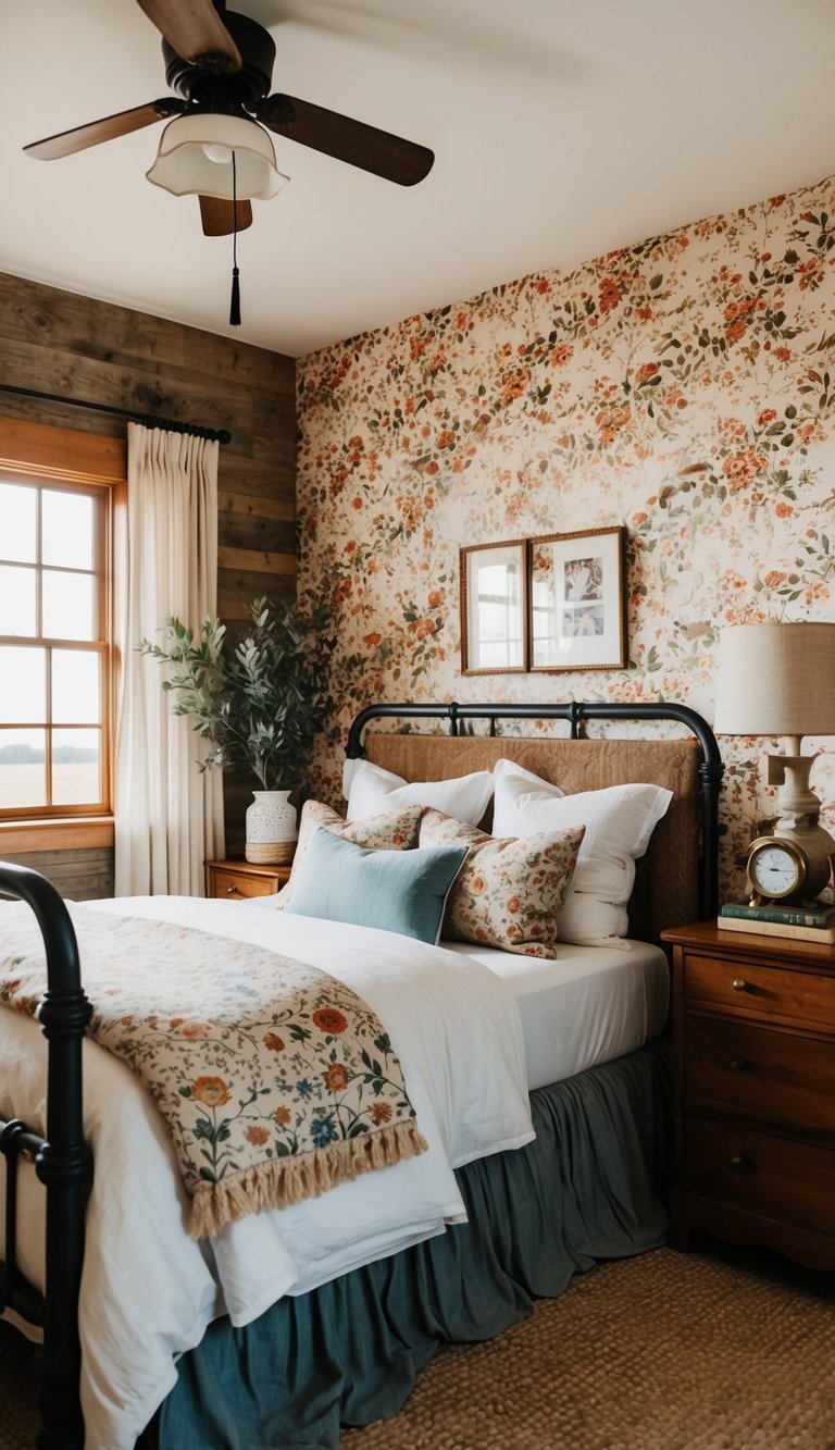 A cozy farmhouse bedroom with rustic decor, featuring retro floral wallpaper and vintage furnishings