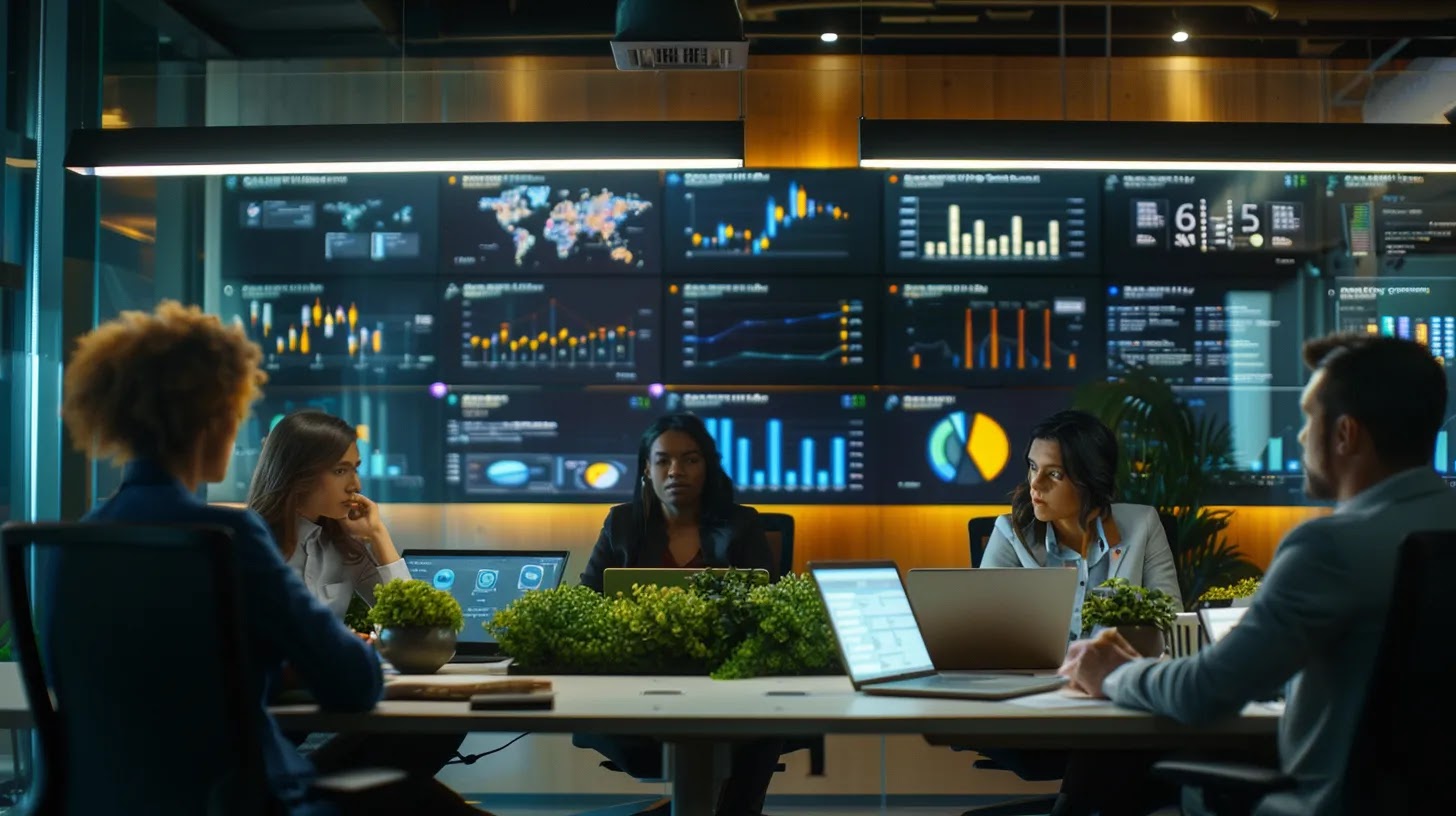 a dynamic office environment showcases a modern sales team engaging with advanced ai-driven crm software on sleek laptops, illuminated by vibrant screens displaying insightful analytics that enhance customer relationships and optimize marketing strategies.