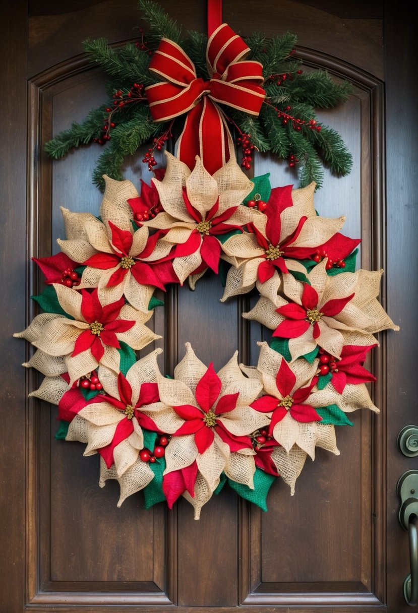 A burlap poinsettia wreath hangs on a rustic wooden door, adorned with red and green accents, creating a festive and welcoming Christmas display