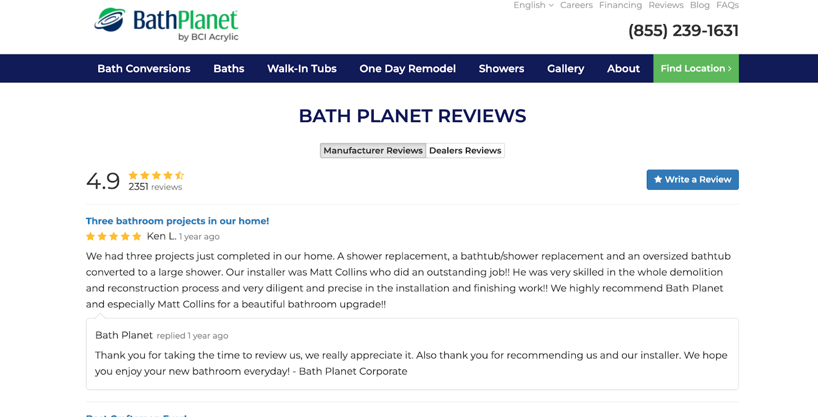 An example of reviews for bathroom remodeling companies by BathPlanet