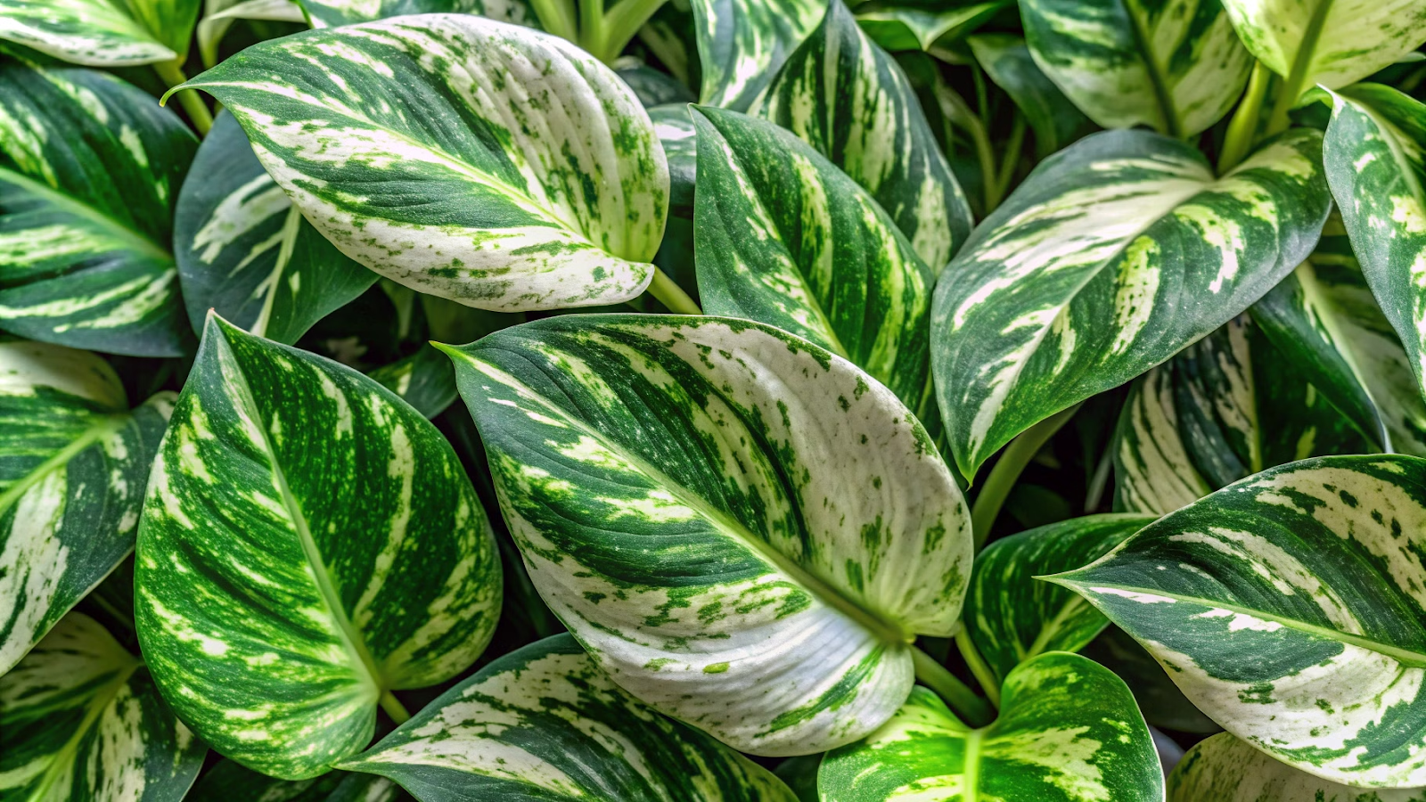 Close-up de folhas variegadas da jiboia branca com detalhes de verde e branco.