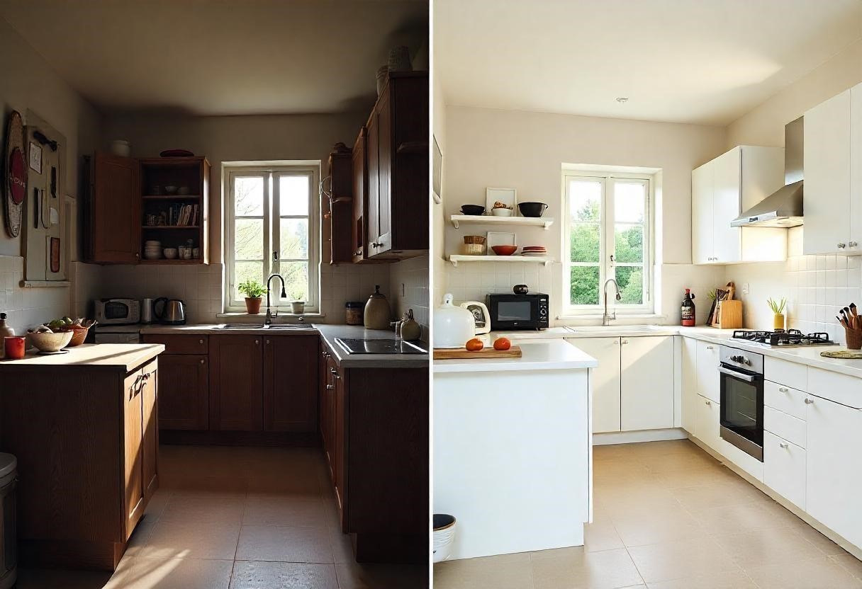 Kitchen transformation by Elegante Interiors - before and after comparison showing traditional to modern modular kitchen upgrade