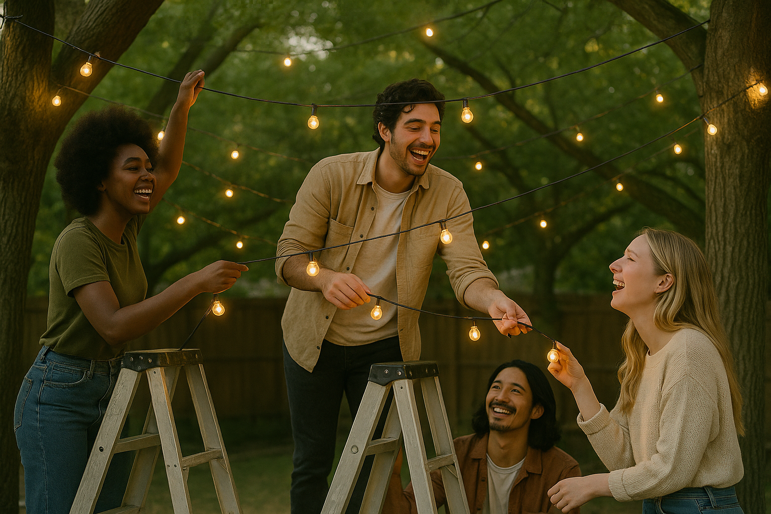 A diverse group of four friends hangs warm white string lights between trees in a backyard during golden hour. Two are standing on ladders while the others assist from below. They laugh and smile, surrounded by soft shadows and golden sunlight filtering through green leaves.