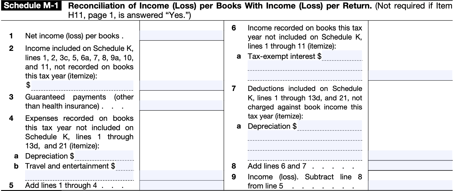 A screenshot of Schedule M-1: Reconciliation of Income (Loss) per Books With Income (Loss) per Return on Form 8865.