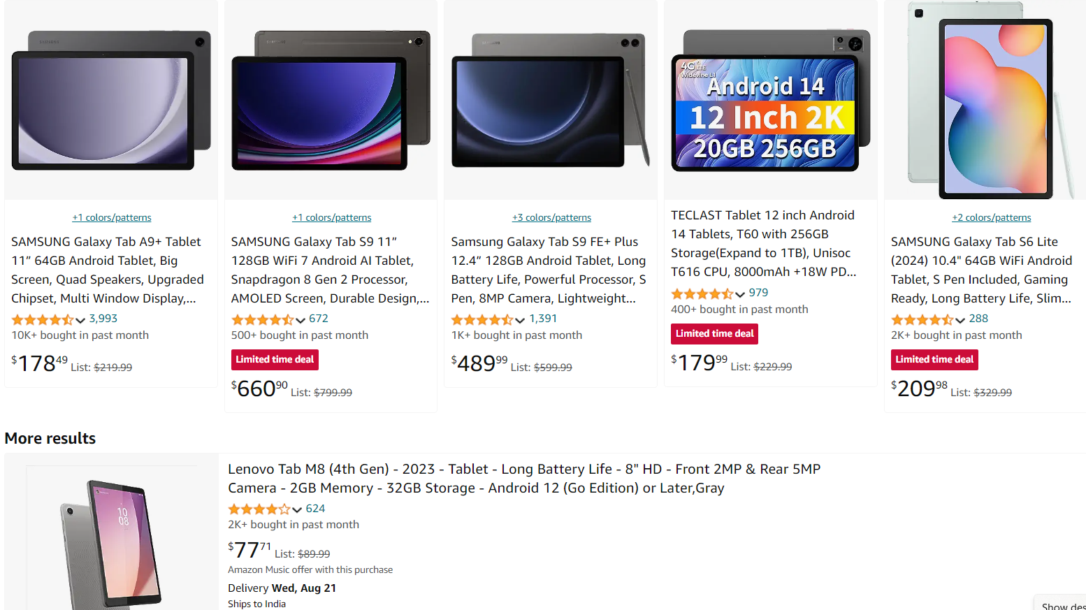 Amazon search page of different Galaxy tablets
