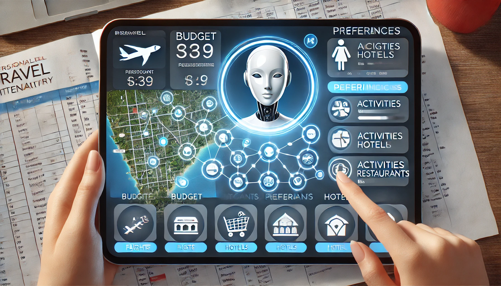 An AI-powered digital interface displaying a personalized travel itinerary. The screen shows a map with various travel destinations marked, and a user interacts with the interface by selecting options based on their budget and preferences. A virtual assistant is shown on the side, suggesting activities and hotels tailored to the user's interests.