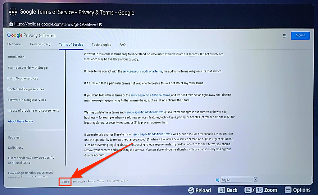 "Google Terms of Service" screen in the PlayStation 5 web browser