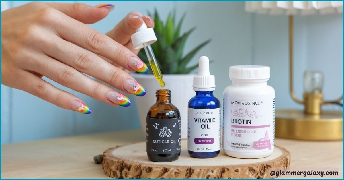 Hand with rainbow nails holds dropper above biotin oil bottle, next to supplements on wooden surface.