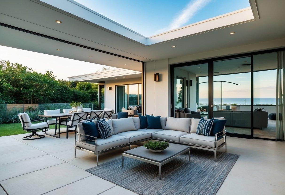 A modern living room with convertible furniture, sleek fixtures, and a seamless indoor-outdoor flow. Luxurious finishes and a neutral color palette create an elegant, functional space