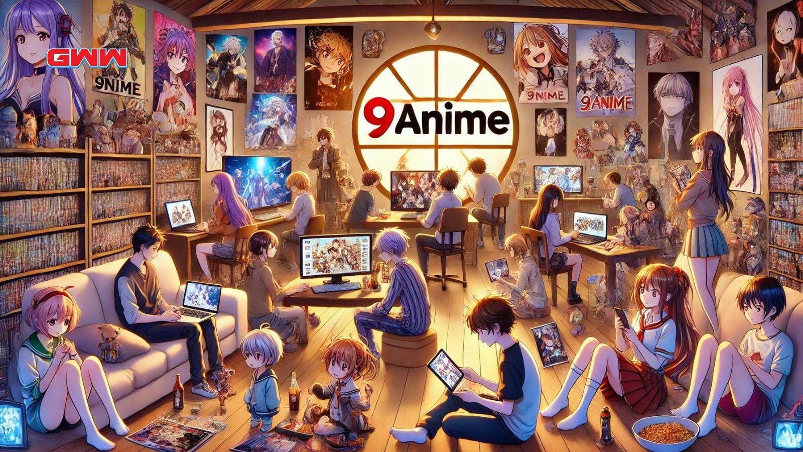 A wide background image depicting a diverse group of anime fans enjoying 9Anime